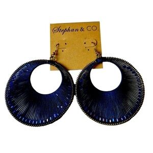 Large Blue Circular Hoop Blue Crystal Beads Woven Inside String Pierced Earrings